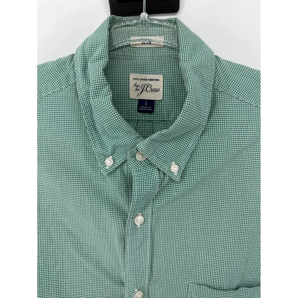 J Crew Slim Fit Gingham‎ Button Down Shirt Green White Men's Size L